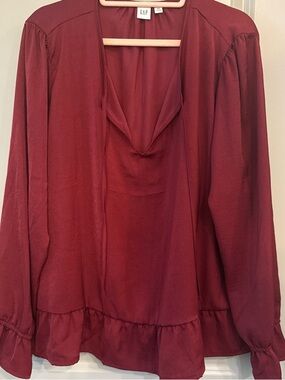 GAP Women's Deep Red Tie Front Ruffle-Hem Blouse